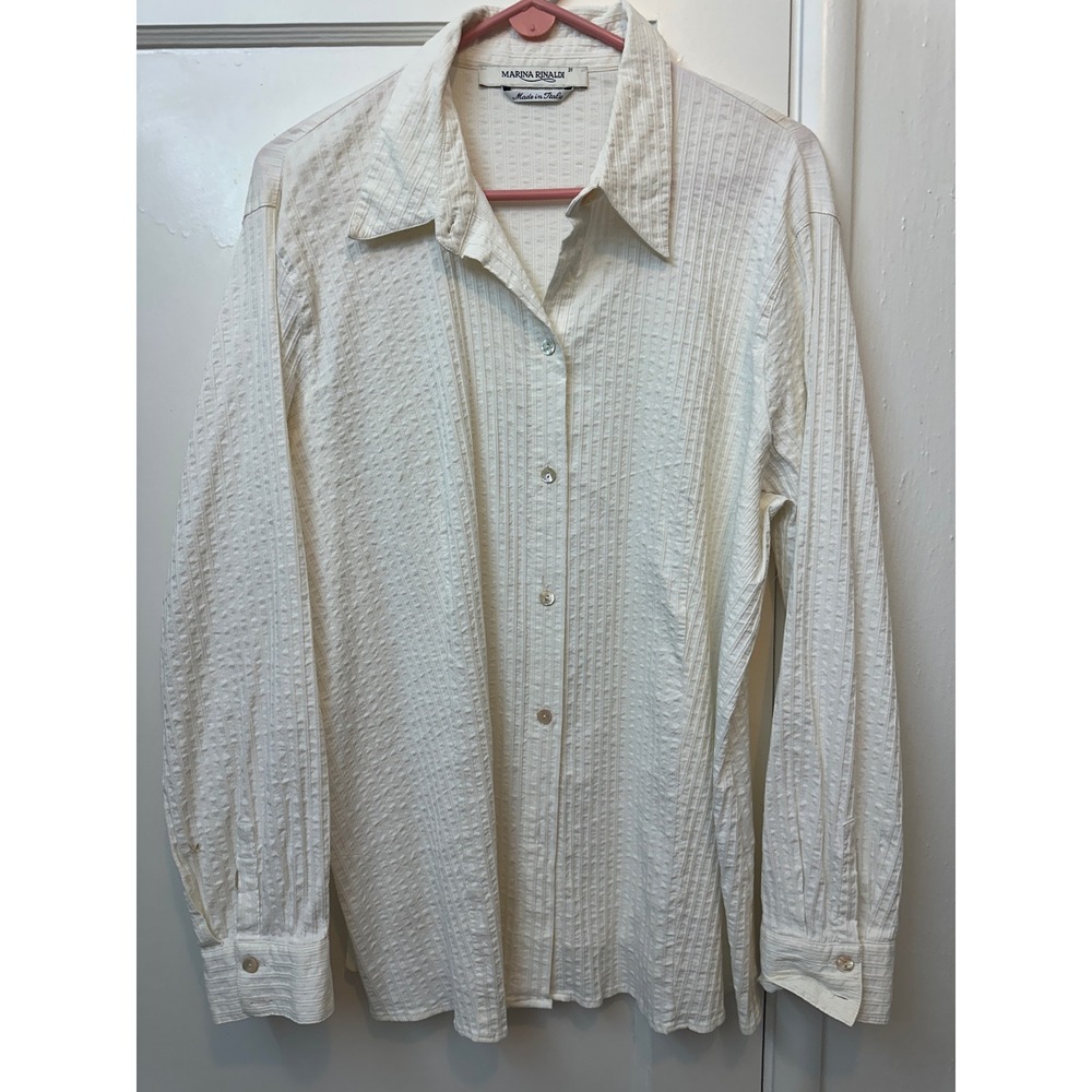 Marina Rinaldi Cream Textured Seersucker Button Down Shirt Made in Italy Size 31